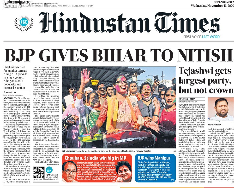 The Nitish Kumar-led NDA was set to return to power in Bihar, scraping past the majority mark with 124 seats in the state assembly, but with the BJP emerging as the senior partner in the alliance for the first time with 73seats, in a mandate that appeared to mark both continuity and change. Delhi recorded its sixth straight day of "severe" pollution on Tuesday, with a toxic mix of dust, smoke and fog pushing 18 of the city's 36 air quality sensors to their maximum reading of AQI 500 in what has turned into one of the worst air quality crises in recent years.