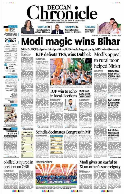Plagued by "anti-incumbency" sentiment against incumbent Chief Minister Nitish Kumar, the BJP strategised its election campaign heavily around star campaigner Prime Minister Narendra Modi's popularity, Deccan Chronicle reported. The BJP's M Raghunandan Rao stunned the fancied TRS at Dubbaka in a manner much suited for T20 cricket match, snatching the bypoll by a narrow margin in the last rounds of counting