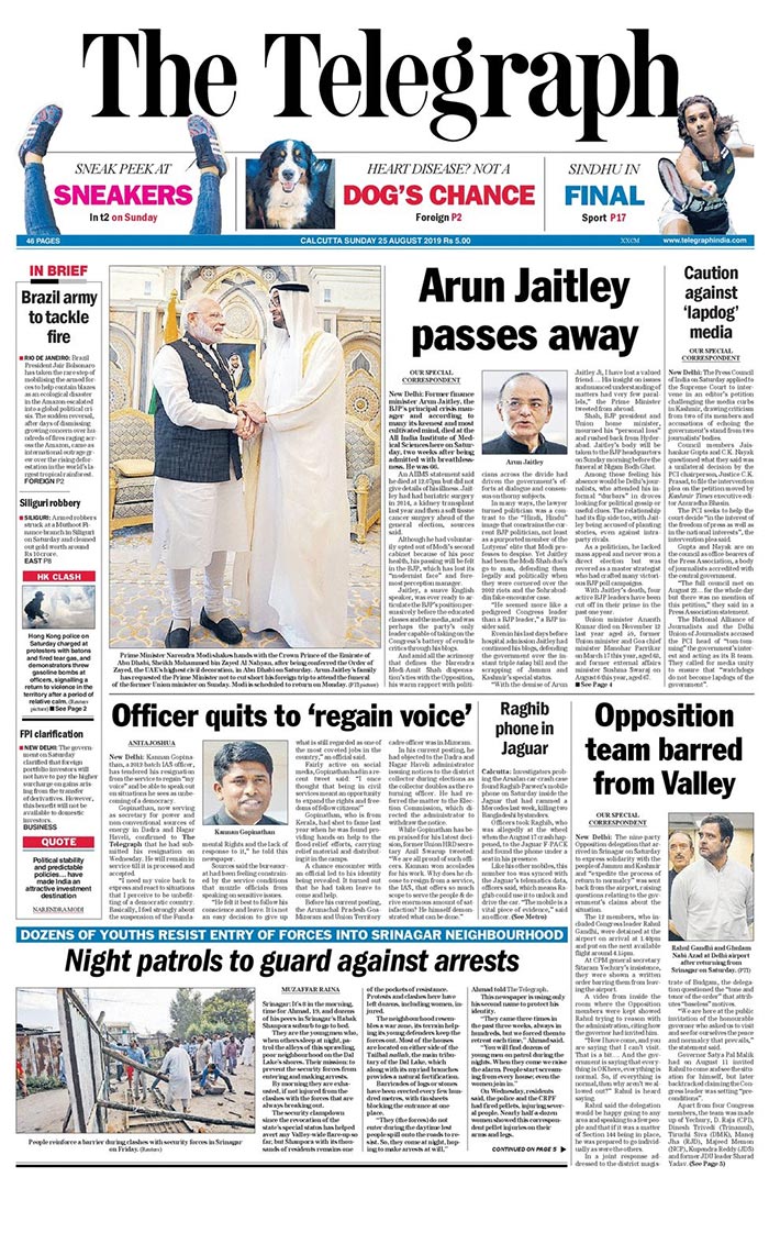 Newspaper Headlines: Arun Jaitley's Death Headlines Page 1 Of All Papers