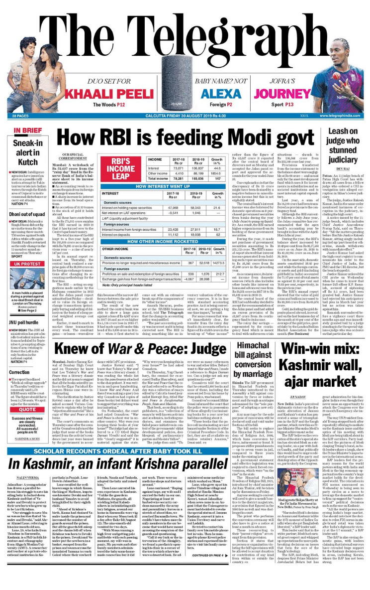 Days after it was announced that the RBI would transfer a record Rs 1.76 lakh crore to the centre, the daily leads with a story explaining how the "RBI is feeding" the central government.

In Patna, an 11-judge bench in the high court has withdrawn cases from a fellow judge, Justice Rakesh Kumar. The judge had ordered a CBI probe into alleged corruption in Bihar's lower judiciary.