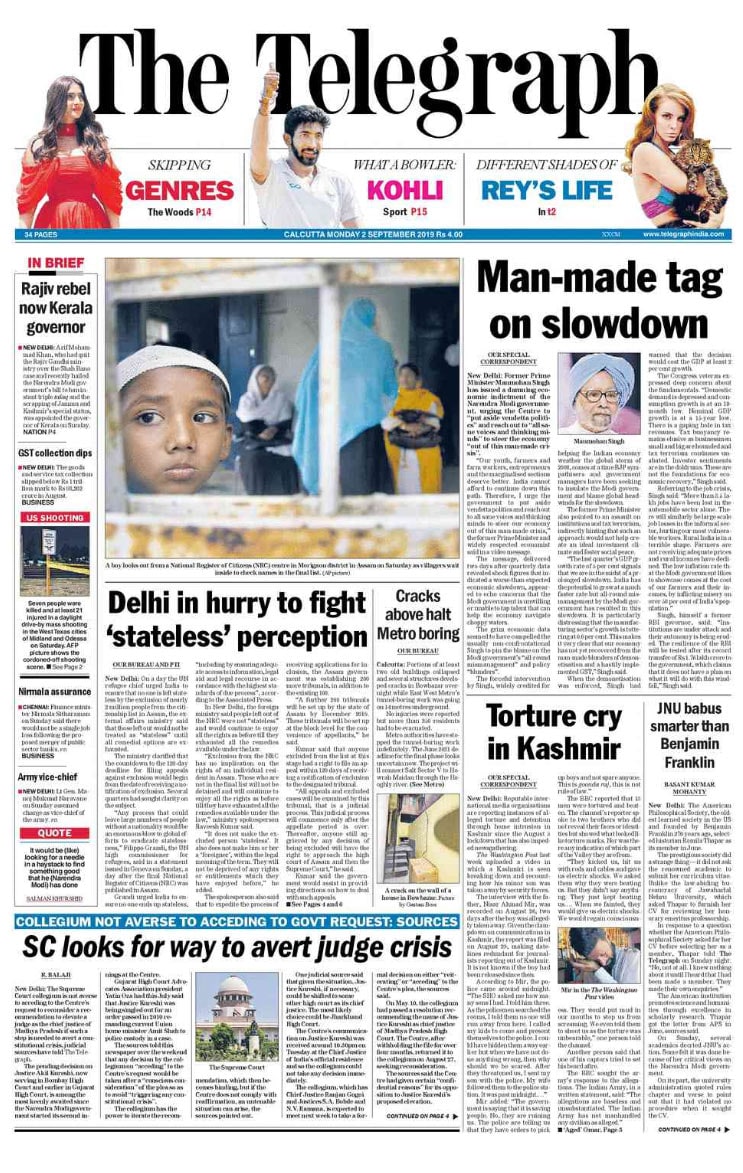 The Telegraph leads with the image of a boy looking out from a NRC centre in Morigaon district in Assam on Saturday as villagers check names in the final list.