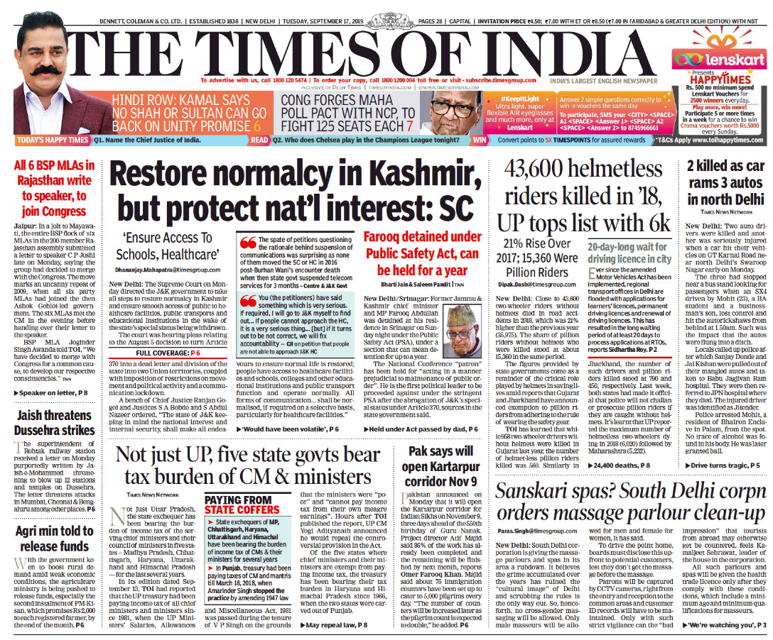 Newspaper Headlines: Top Court's Order To J&K Government To Restore ...
