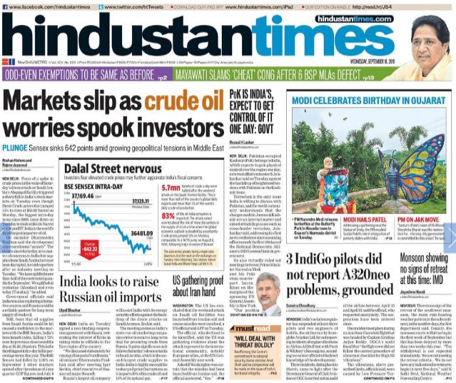 <b>Hindustan Times</b> is leading with the sharp fall in India's stock markets. External affairs minister S Jaishankar's statement that : Pakistan-occupied Kashmir belongs to India and expects to gain physical control over the region one day, made to the front page of daily.