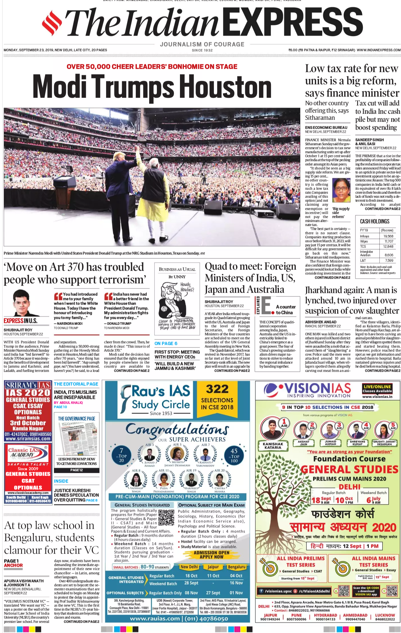 <b>The Indian Express<b> has an image of PM Modi and US President Donald Trump at the NRG Stadium, Texas. Finance Minister Nirmala Sitharaman said government's decision to tax new manufacturing units set up after October 1 at 15 per cent would put India at the top of the pecking order amongst its Asian peers, is on the front page of daily.