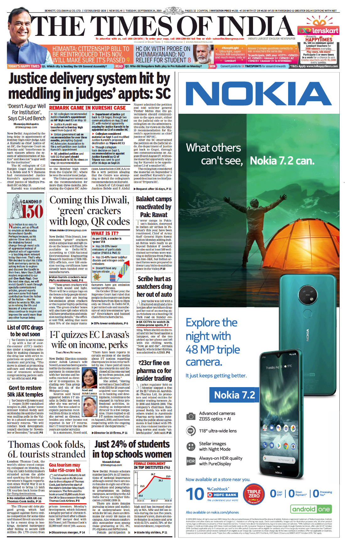 <b>The Times Of India</b> is leading with PM Modi saying at the UN Climate Action Summit that time for talking is over, the world needs to act now. US President Donald Trump saying that he was ready to mediate between Pakistan and India on the Kashmir issue, but both sides have to agree on it, made to the front page of daily.