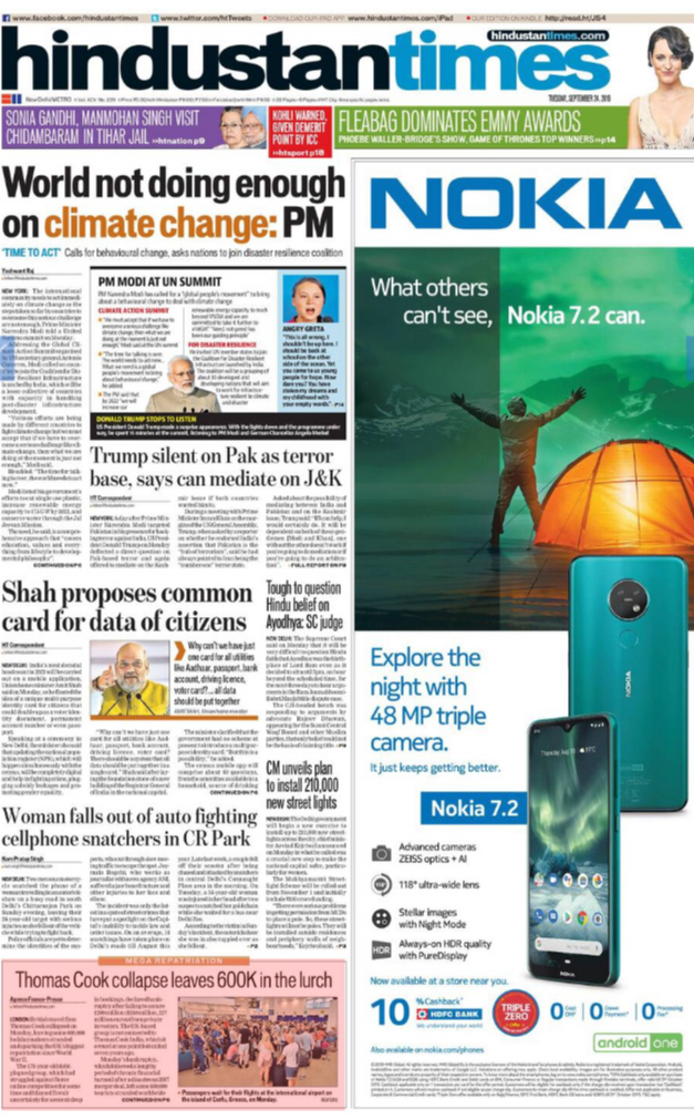 <b>Hindustan Times</b> is leading with PM Modi telling United Nations summit that the international community needs to act immediately on climate change. US President Donald Trump offering to mediate on the Kashmir issue if both countries wanted him to, made to the front page of daily.