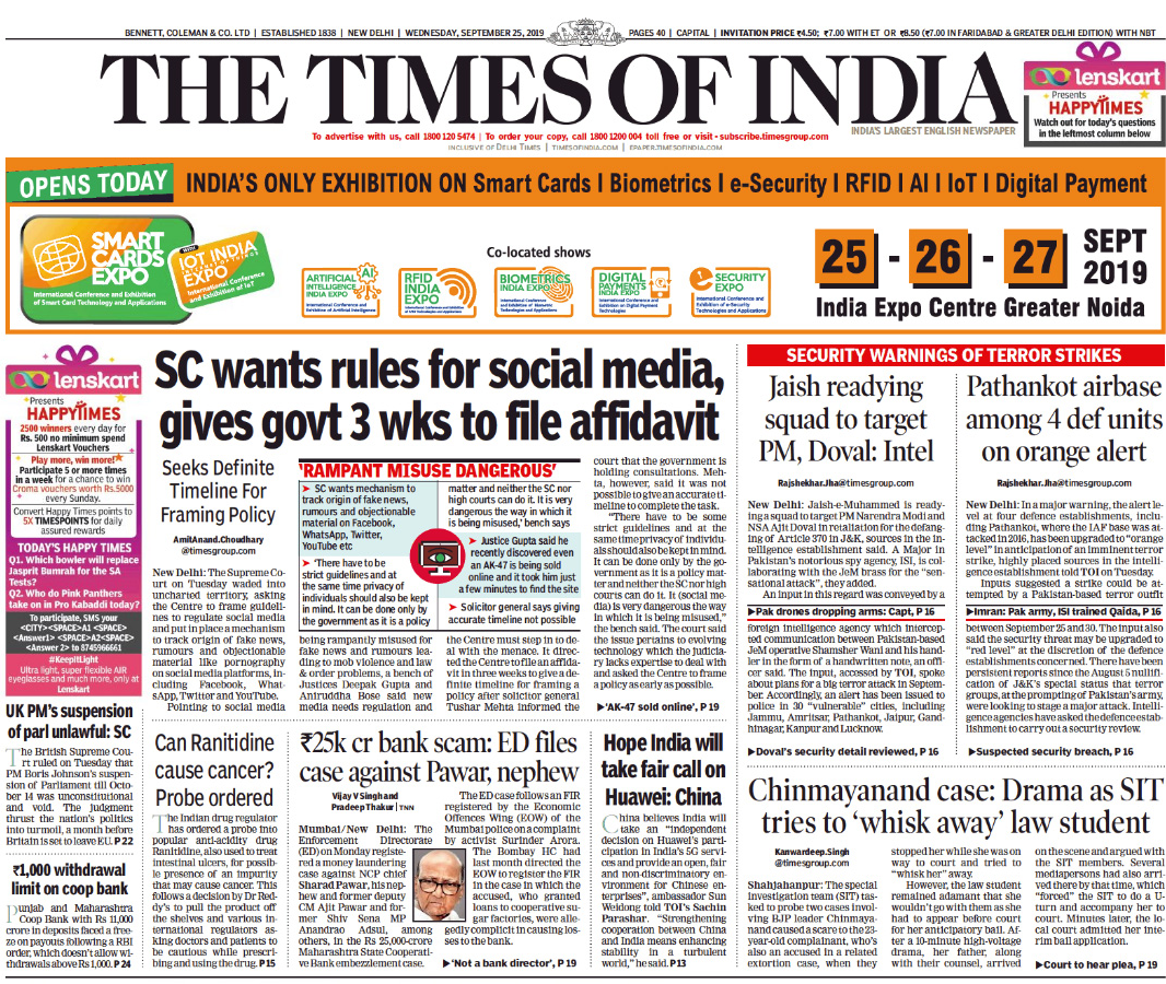 <b>The Times Of India</b> is leading with US President Donald Trump saying PM Modi should be called "father of India" - to "take care" of the terrorism problem in the region. Supreme Court giving 3 weeks time to Centre to frame guidelines to regulate social media, made to the front page of paper.