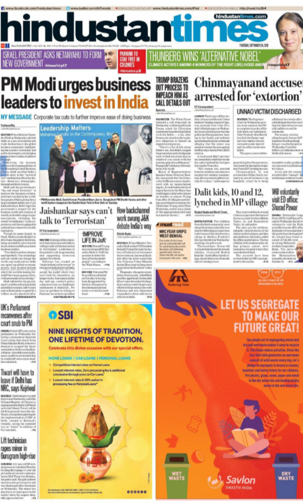 <b>Hindustan Times</b> is leading with PM Modi pitching India as a key investment and trade destination to the global business community. The law student, who accused Chinmayanand of rape, arrested in an extortion case, made to the front page of daily.