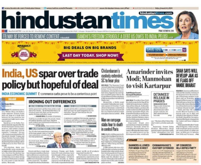 <b>Hindustan Times</b> is leading with India, US sparring over India's new e-commerce policy but hopeful of deal. Punjab chief minister Amarinder Singh inviting PM Modi to attend celebration of birth anniversary of Guru Nanak, made to the front page of daily.