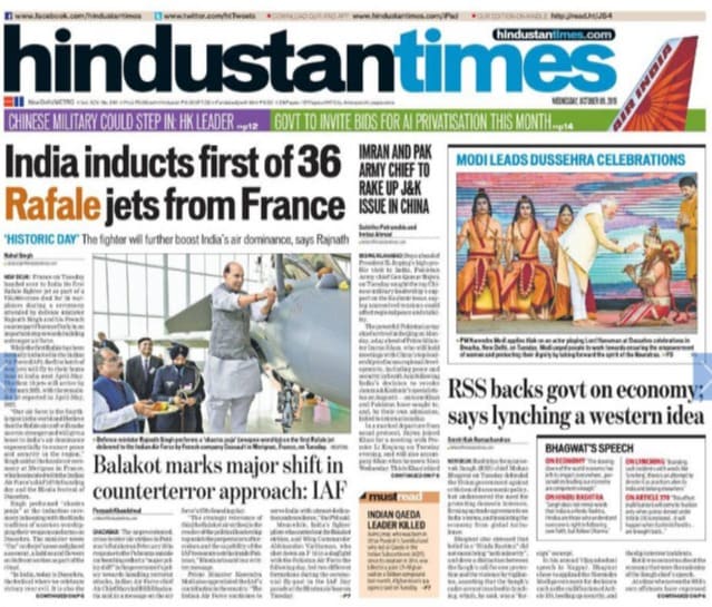 <b>Hindustan Times</b> is leading with France handing over India its first Rafale fighter jet during a ceremony attended by defence minister Rajnath Singh and his French counterpart. RSS chief Mohan Bhagwat stressing that belief in a "Hindu Rashtra" did not mean being "anti-minority", is on the front page of daily.