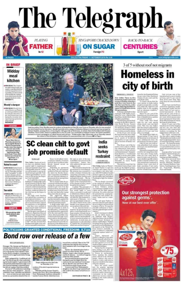 <b>The Telegarph</b> is leading with Supreme Court giving clean chit to government job promise default. The daily's survey on the 
homeless people in which three out of five said they were born in the city they now live in, is on the front page of paper.