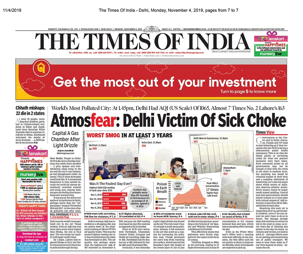 <b>The Times Of India</b> is leading with Delhi turning into pollution capital of world with worst air ever. BJP's Devendra Fadnavis is likely to stake claim to form the government before the deadline set by governor, are the top stories.