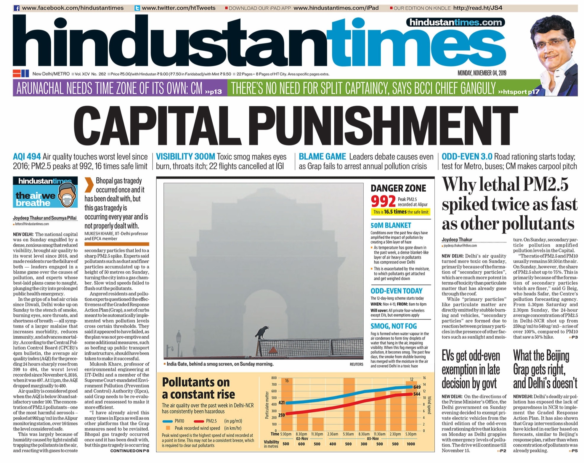 <b>Hindustan Times</b> is leading with Delhi air quality touching worst level since 2016, PM Modi telling investors that this is the best time to be in the country, is on the homepage of daily.