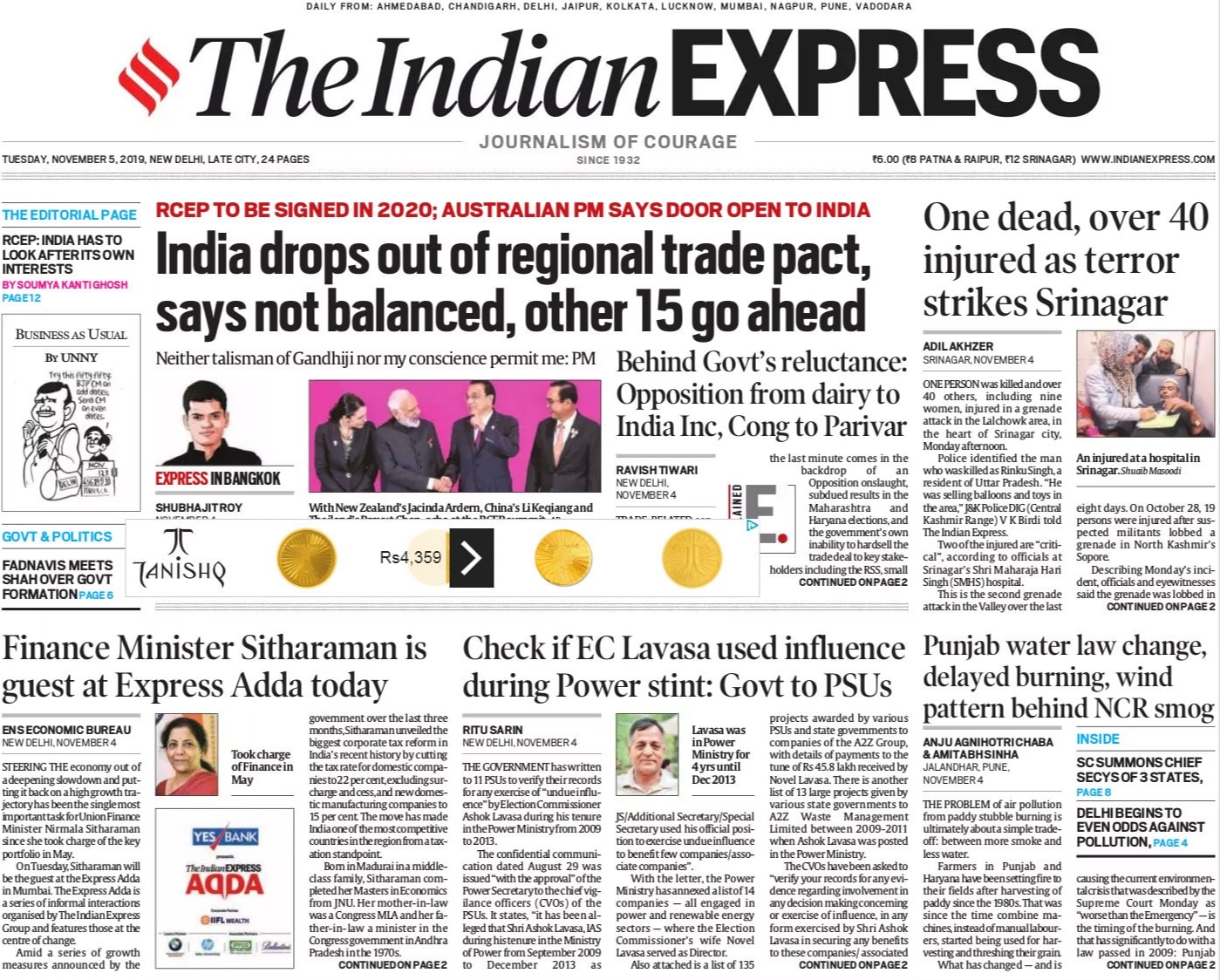 Newspaper Headlines: India Opting Out Of RCEP, Says Concerns Not Addressed
