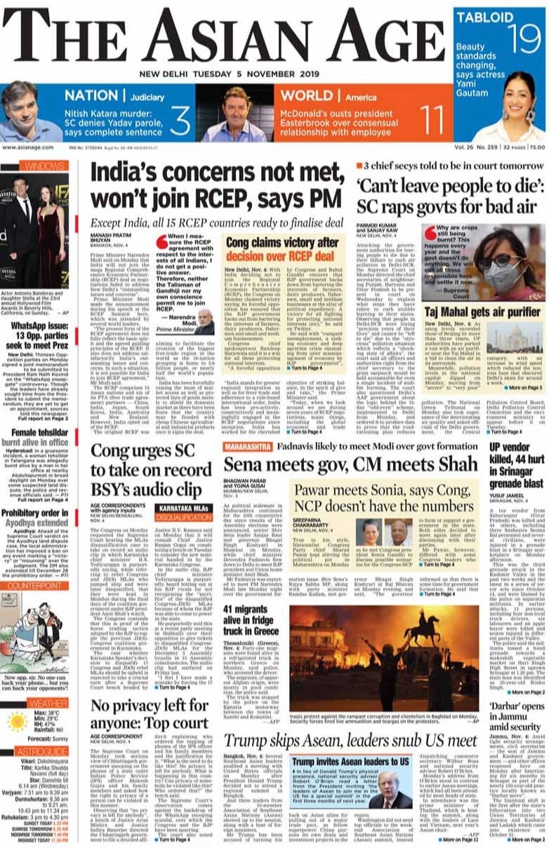 Newspaper Headlines: India Opting Out Of RCEP, Says Concerns Not Addressed