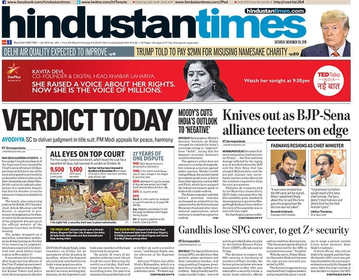 Newspaper Headlines: Supreme Court To Deliver Judgment In  Ayodhya Case Today