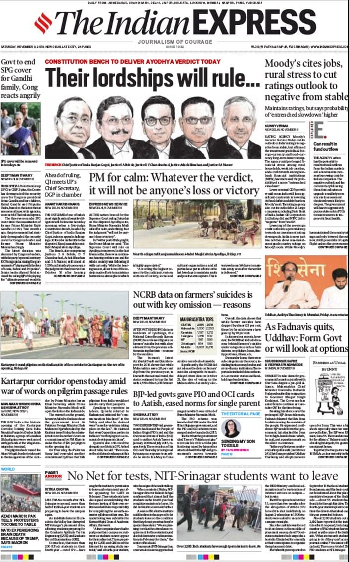 Newspaper Headlines: Supreme Court To Deliver Judgment In  Ayodhya Case Today