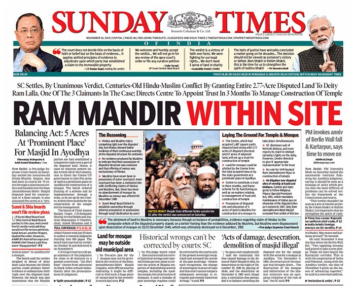 The Times Of India, like most of the papers in India, is leading with Ayodhya verdict on land dispute case.