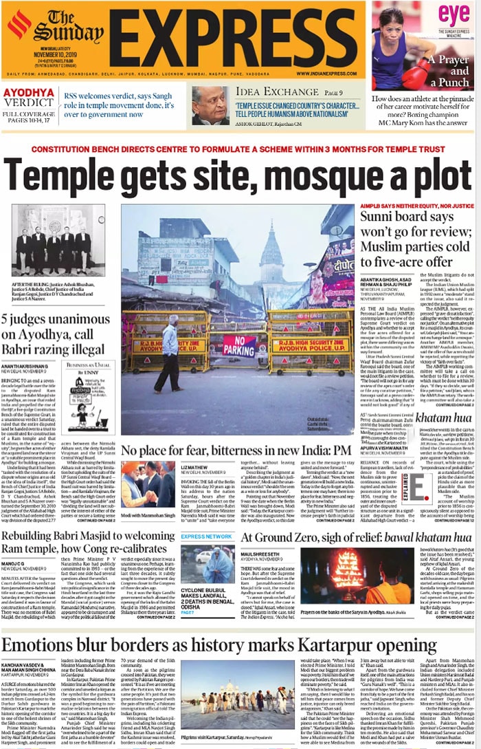 'Temple gets site, mosque a plot ', The Indian Express says in its Sunday headline. The constitution bench directs Centre to formulate a scheme within 3 months for temple trust.