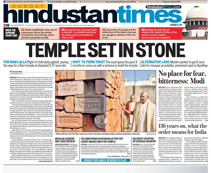 The Hindustan Times also focuses on Ayodhya. The court also ordered that a five-acre plot at a prominent site in Ayodhya would be given to Muslims to build a new mosque.