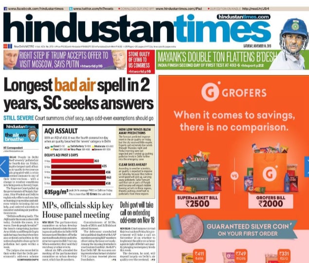 <b>Hindustan Times</b>: People in Delhi breathed 'severely' polluted air for the fourth day on Friday, braving the longest spell of hazardous air quality in two years as officials grappled with a crisis that seemed immune to any of their interventions - with a change in weather conditions now being seen as the only hope.