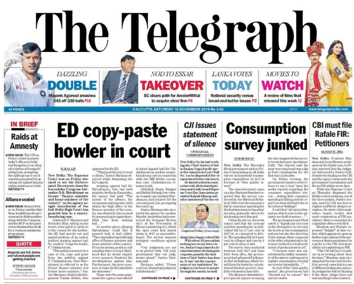 <b>The Telegraph</b>: The Supreme Court was on Friday stunned to see Enforcement Directorate describe Karnataka Congress lawmaker DK Shivakumar as former "finance and home minister of the country" as the agency sought cancellation of the bail Delhi high court has granted him in a money laundering case.