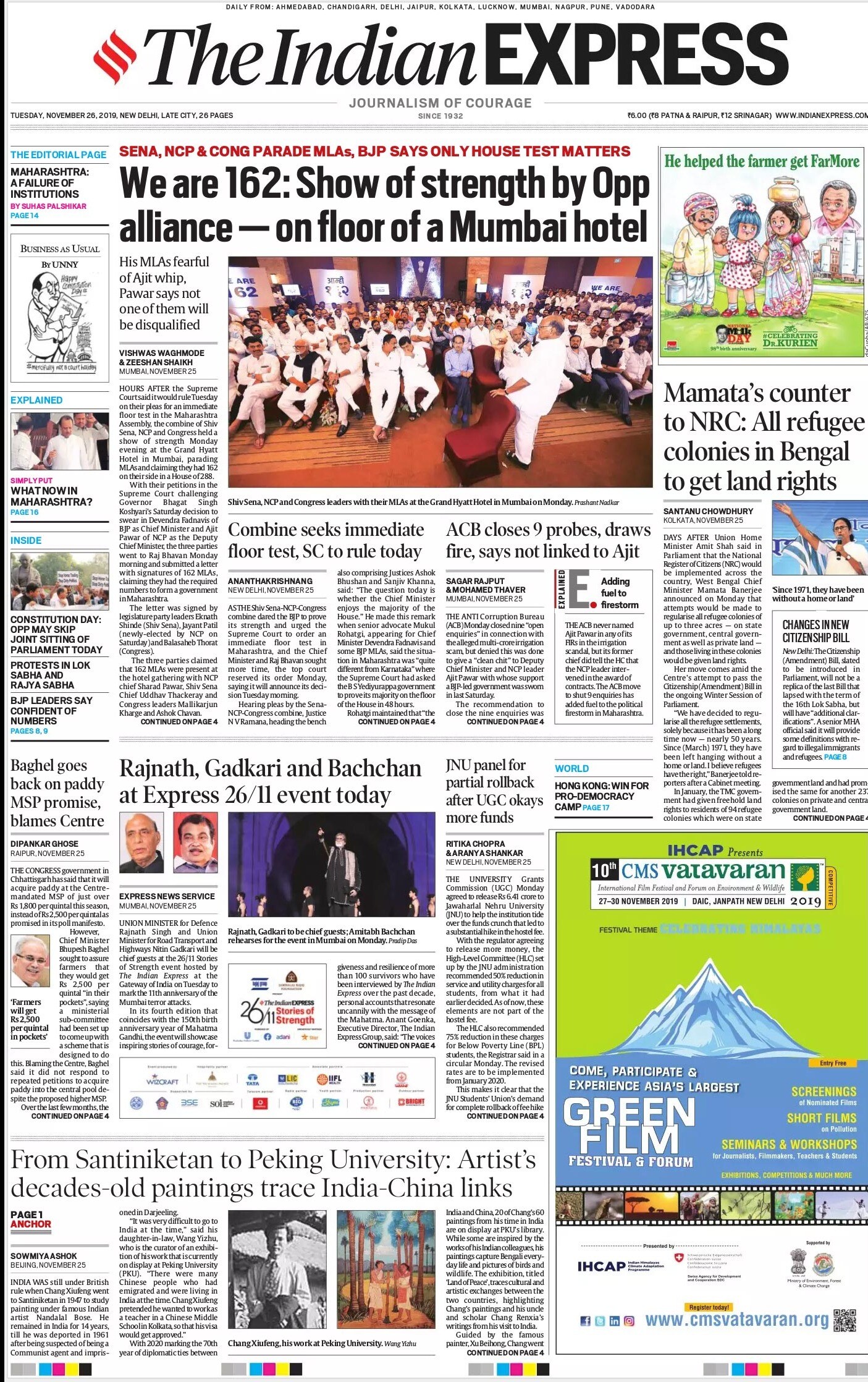 Newspaper Headlines: Shiv Sena, NCP, Congress Parade 162 MLAs In Show Of Strength And Other Big Stories