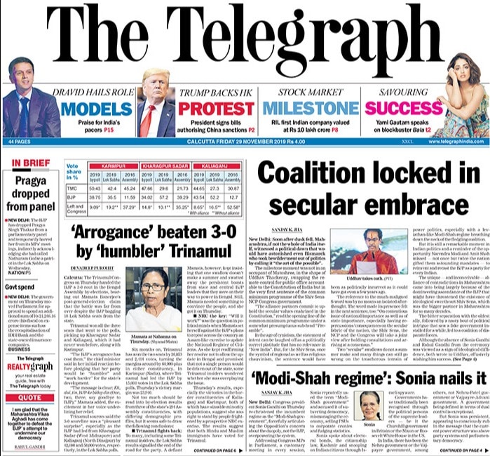 <B>The Telegraph</B>: The Trinamool Congress handed the BJP a 3-0 rout in the Bengal Assembly by-elections, bearing out Mamata Banerjee's post-general-election claim that the battle was far from over despite the BJP bagging 18 Lok Sabha seats from the state. Uddhav Thackeray takes oath as Maharashtra Chief Minister.