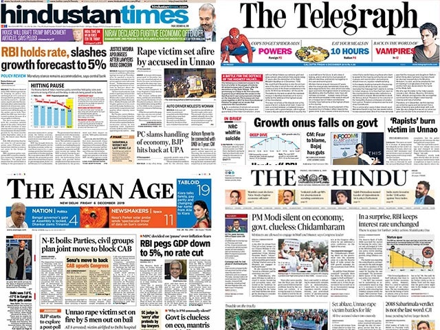 Newspaper Headlines: RBI Keeps Repo Rate Unchanged At 5.15%; Lowers ...