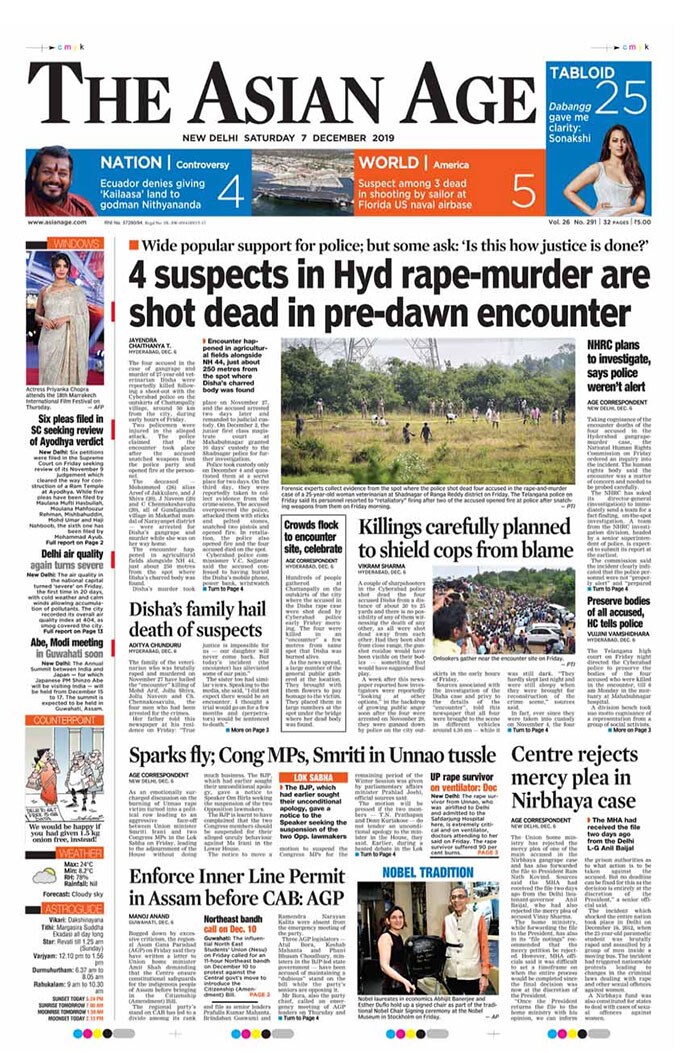 <B>The Asian Age</B>: The four accused in the rape and murder of the veterinarian last week, were killed in an encounter with the police near Hyderabad on Friday. The National Human Rights Commission on Friday ordered an enquiry into the encounter deaths of the four accused in the Hyderabad gangrape-murder case.