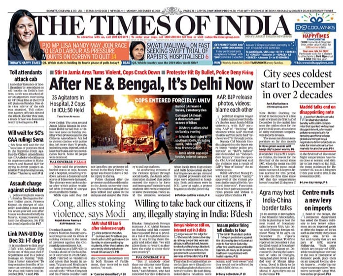 Newspaper Headlines: Protesters Clash With Police In South Delhi Over ...