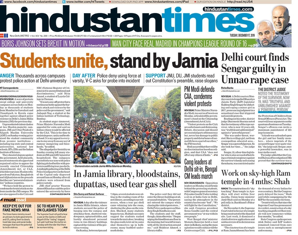Newspaper Headlines: Protests Over Citizenship (Amendment) Act Spread Across India, Other Top Stories