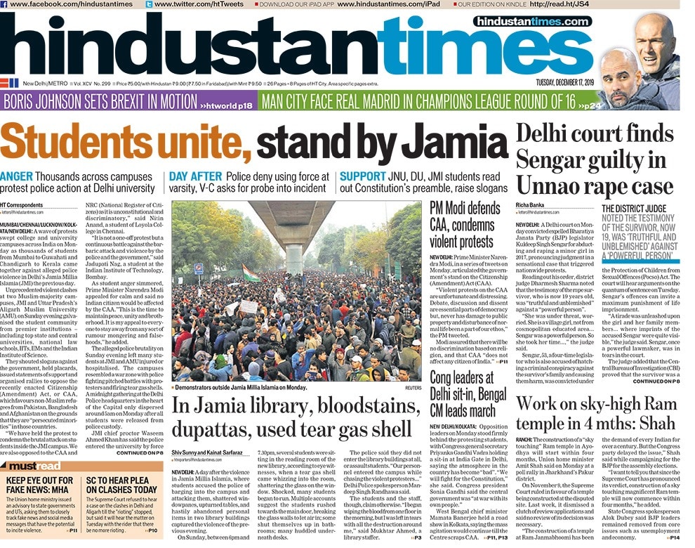 <B>Hindustan Times</B>: The difference between the maximum and minimum temperatures in Delhi narrowed to less than three degrees Celsius on Monday, which IMD classified as a "severe cold day" and the coldest December day in the last 16 years. A wave of protests swept college and university campuses across India as thousands of students from Mumbai to Guwahati and Chandigarh to Kerala came together against alleged police violence in Delhi's Jamia Millia Islamia  the previous day.