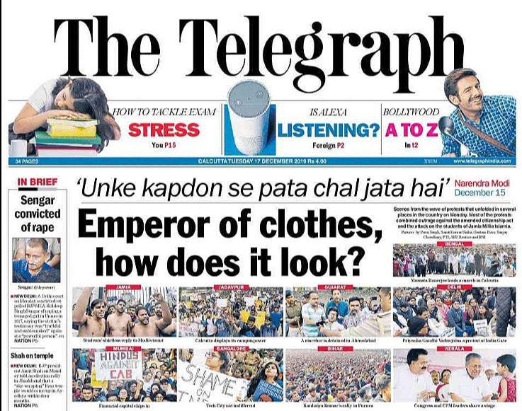 <B>The Telegraph</B>: Scenes from the wave of protests that unfolded in several places in the country on Monday. Most of the protests combined outrage against the amended citizenship act and the attack on the students of Jamia Millia Islamia. An image of the Prime Minister stares out of the cover of Narendra Modi: A Charismatic & Visionary Statesman, straight through the broken glass of the new-arrivals display at the Dr Zakir Husain Library.