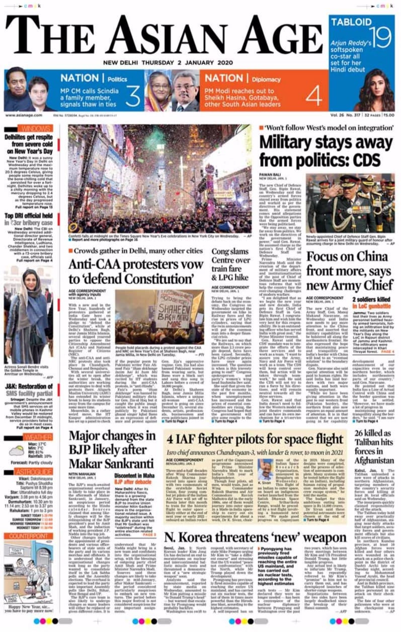 <B>The Asian Age</B>: Hundreds of protesters gathered at India Gate on Wednesday and took a pledge to "defend the Constitution", while at Delhi's Shaheen Bagh, near Jamia Milia Islamia, several skipped yearend parties to oppose the Citizenship Amendment Act and National Register of Citizens. The new Chief of Defence Staff, Gen. Bipin Rawat, said country's armed forces stayed away from politics and worked as per the directives of the government.