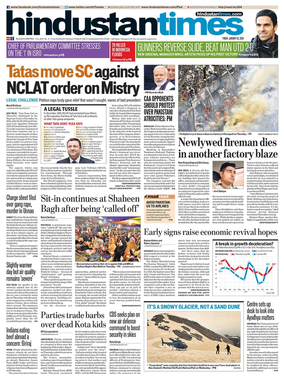 <B>Hindustan Times</B>: Tata Sons challenged in the Supreme Court a order by the National Company Law Appellate Tribunal reinstating Cyrus Mistry as the executive chairman of Tata Sons Limited and as a director on the boards of other Tata group companies. A firefighter was killed and 17 people suffered injuries after a three-storey building that housed the office, storeroom and manufacturing unit of a battery company in outer Delhi's Peeragarhi Industrial Area collapsed due to an explosion triggered by a fire.