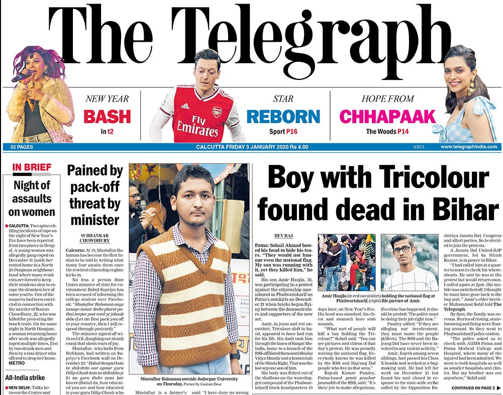 <B>The Telegraph</B>: At 19, Mustafiur Rahaman has become the first Indian to be told in writing what many fear awaits them once the rewired citizenship regime kicks in. Amir Hanjla was participating in a protest against the citizenship amendment in Phulwarisharif on Patna's outskirts on December 21 when bricks began flying between the demonstrators and supporters of the new act.