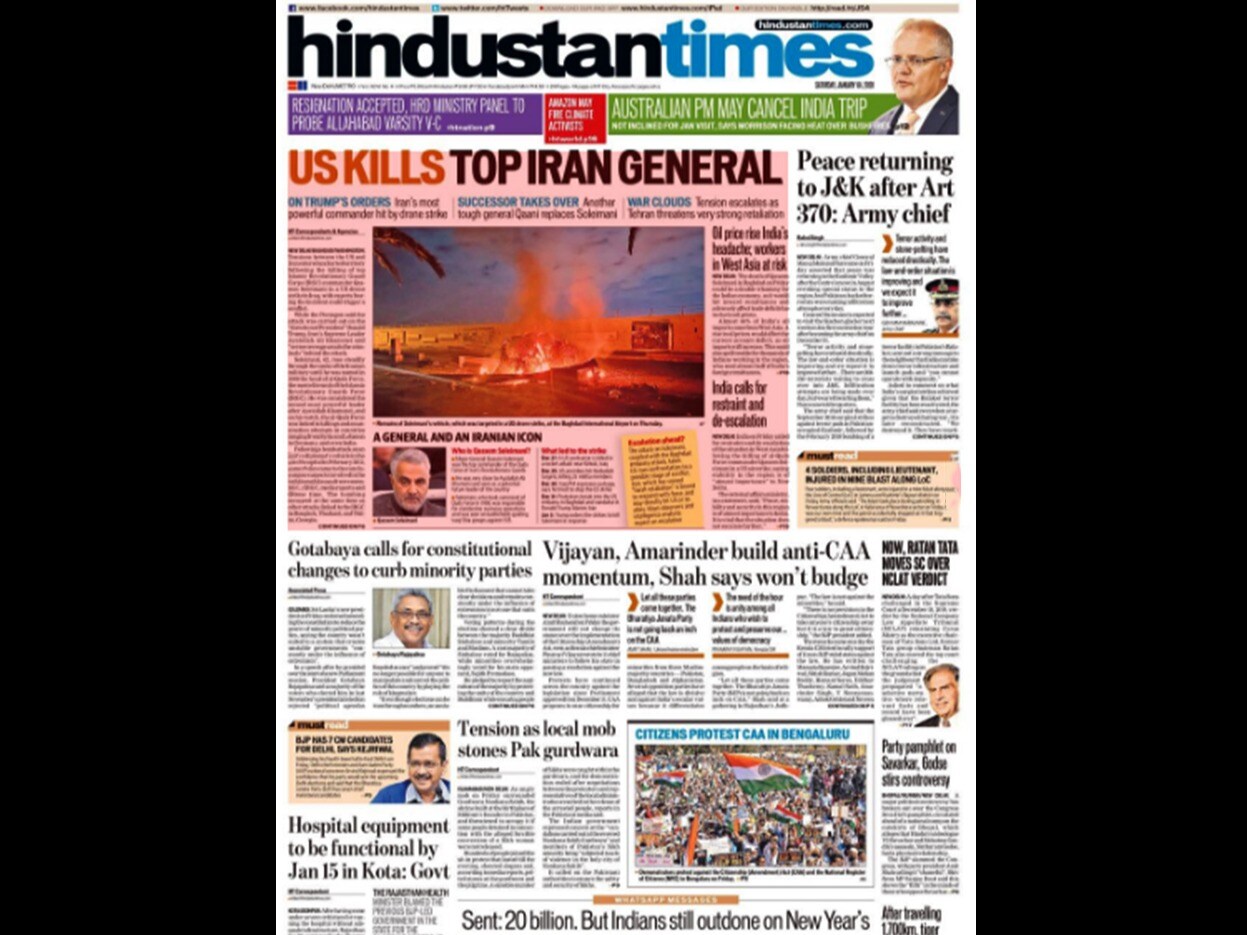 The Hindustan Times has report on Army chief General Manoj Mukund Naravane saying that the law and order situation in Jammu and Kashmir has improved since the move to end the special status. Apart from the reports on the escalating Iran-US tensions, there is a report on Sri Lankan President Gotabaya Rajapaksa calling for constitutional changes to curb minority parties.