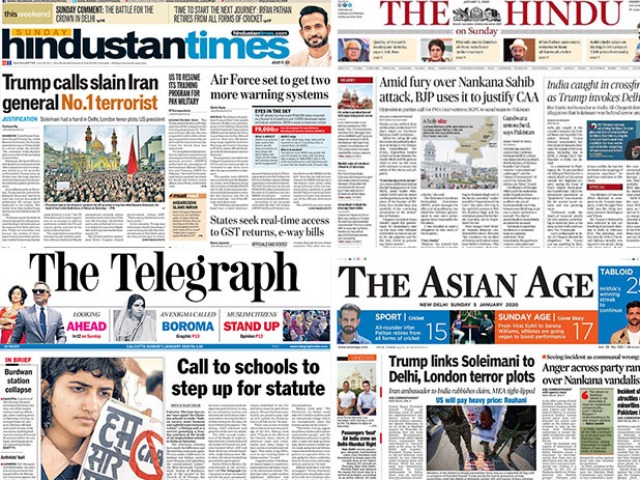 Newspaper Headlines: Trump Invokes Delhi After Iran Commander Killed, Anger Across Parties Over Nankana Sahib Vandalism Newspaper Headlines: Trump Invokes Delhi After Iran Commander Killed, Anger Across Parties Over Nankana Sahib Vandalism