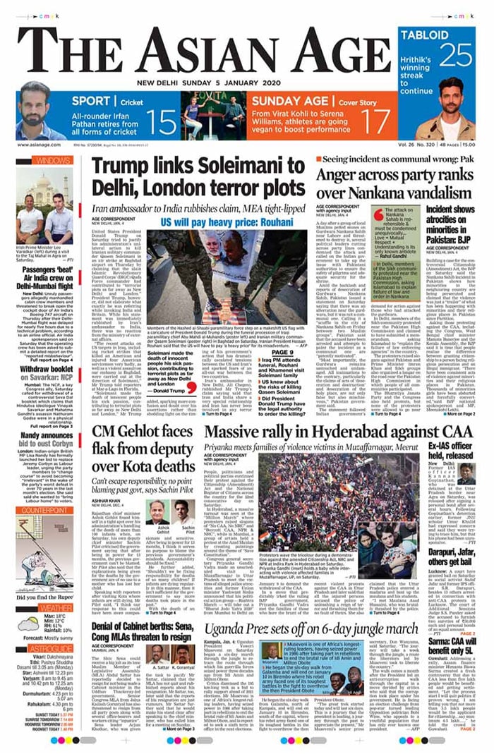 Newspaper Headlines: Trump Invokes Delhi After Iran Commander Killed, Anger Across Parties Over Nankana Sahib Vandalism