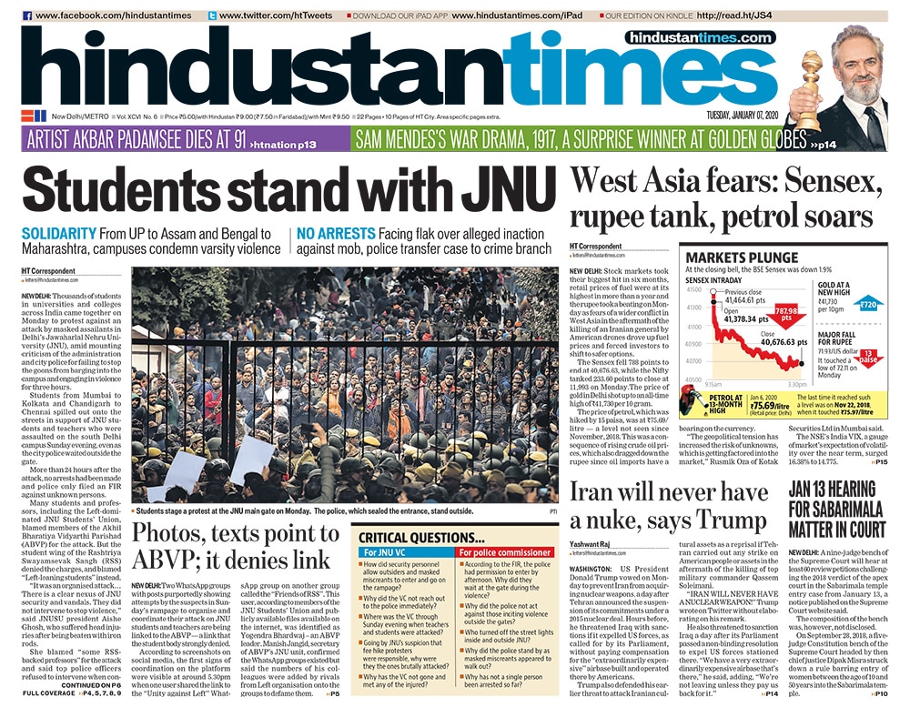 Newspaper Headlines: Nation Reacts To JNU Mob Attack, US-Iran Tensions Continue