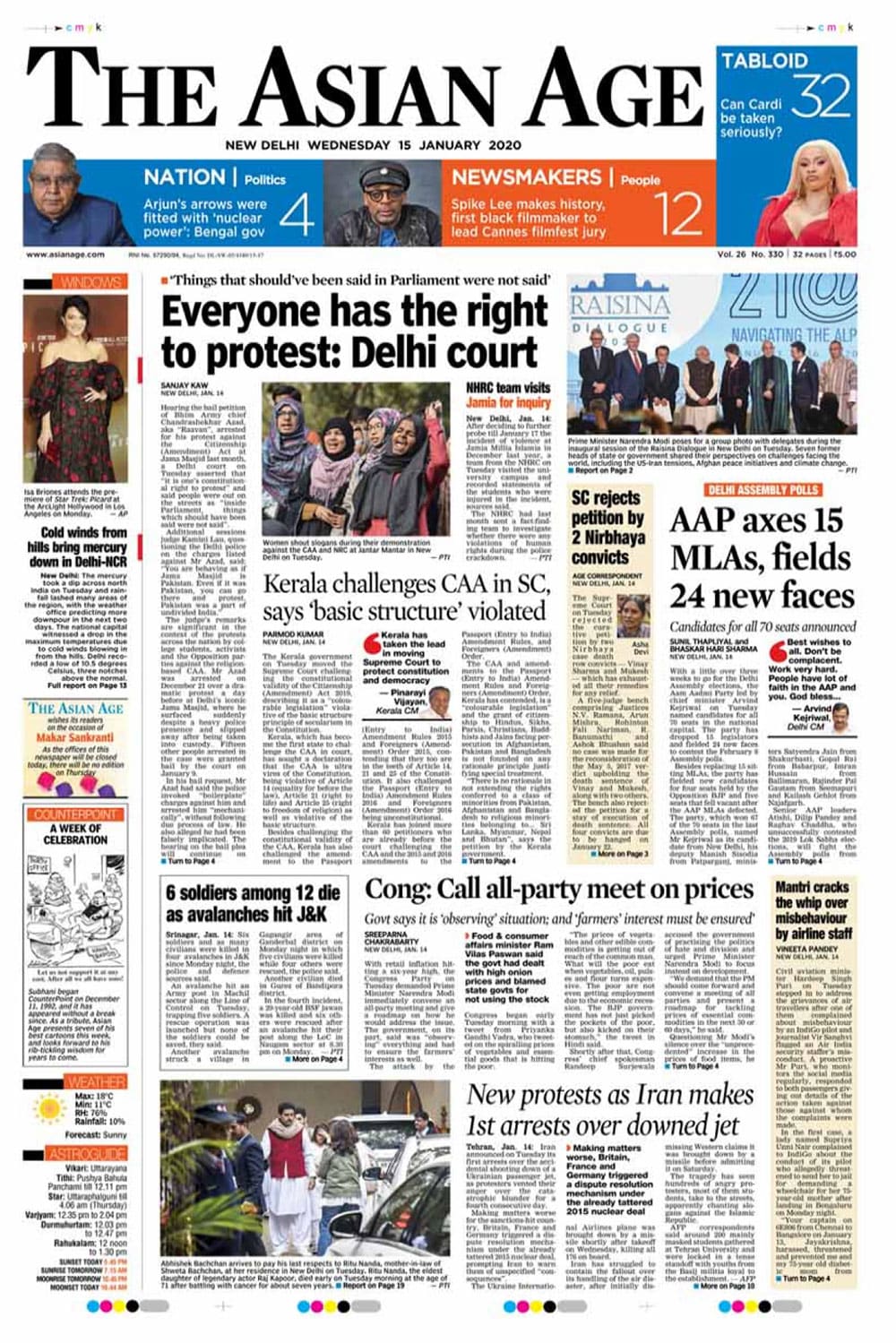 <B>The Asian Age</B>: The Delhi High Court while hearing bail petition of Bhim Army chief Chandrashekhar Azad, arrested for his protest against the Citizenship (Amendment) Act at Jama Masjid last month asserted that  "it is one's constitutional right to protest". The Aam Aadmi Party named candidates for all 70 seats for the Delhi Assembly elections.