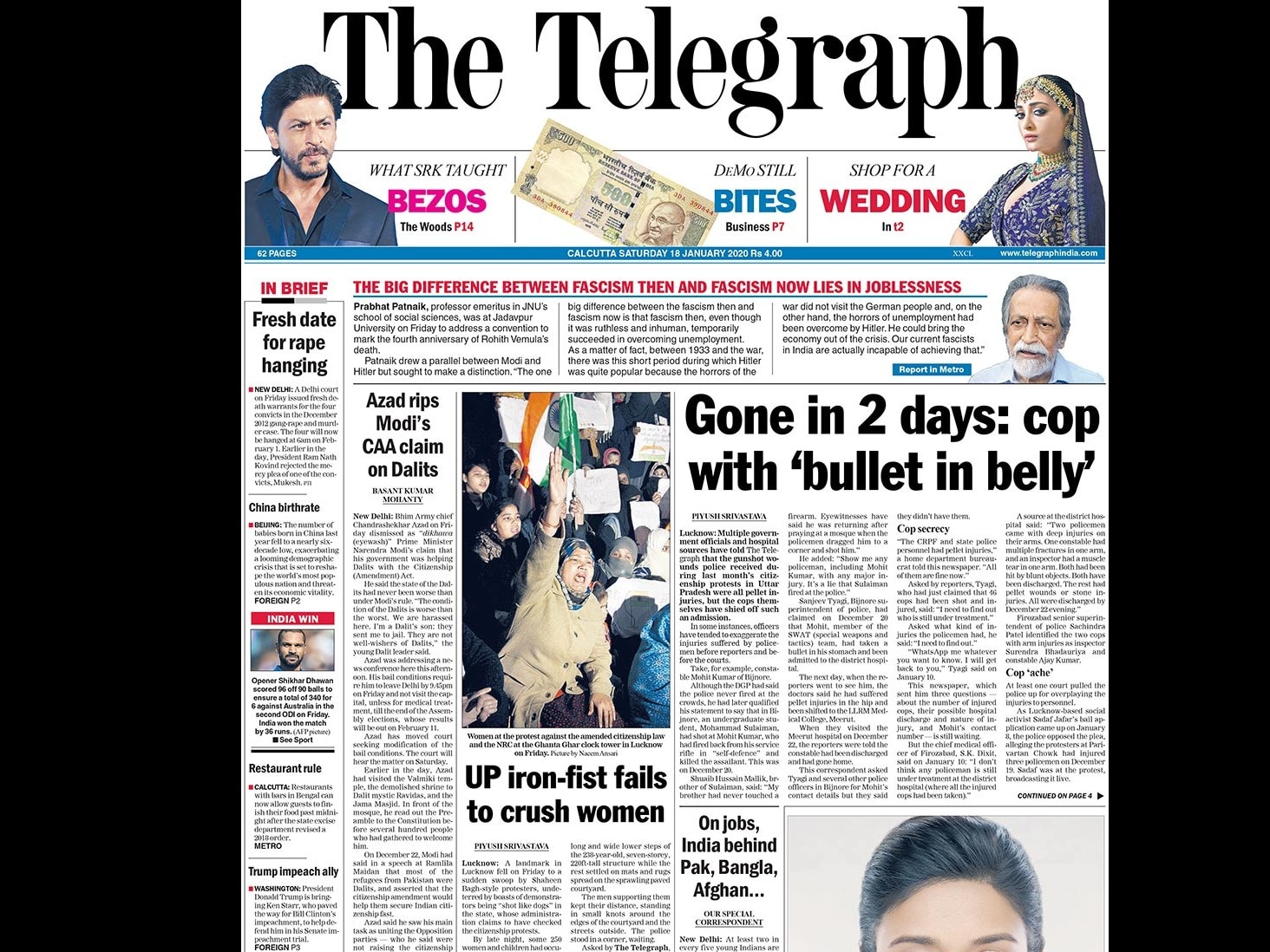 Multiple government officials and hospital sources have told The Telegraph that the gunshot wounds police received during last month's citizenship protests in Uttar Pradesh were all pellet injuries, but the cops themselves have shied off such an admission. Bhim Army chief Chandrashekhar Azad dismissed as "dikhawa (eyewash)" Prime Minister Narendra Modi's claim that his government was helping Dalits with the Citizenship (Amendment) Act.