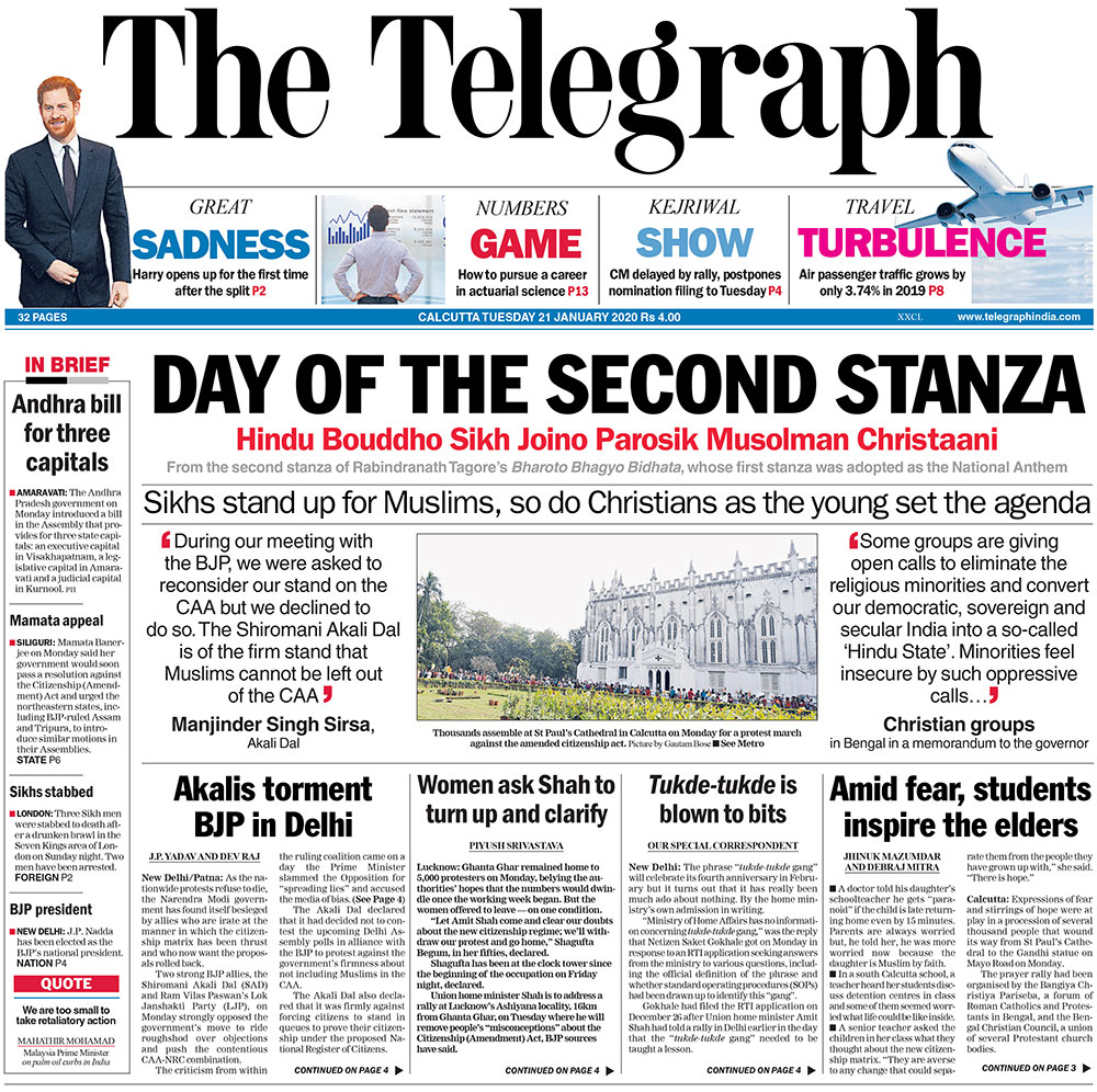 <b>The Telegraph</b>: Calling "tukde tukde gang" "much ado about nothing" the newspaper leads with an RTI query. Activist Sanket Gokhale claimed in a tweet that "Ministry of Home Affairs has no information in concerning tukde-tukde gang". He had filed an RTI query, asking ministry the official definition of the phrase and whether standard operating procedures (SOPs) have been laid down to take action the "gang".