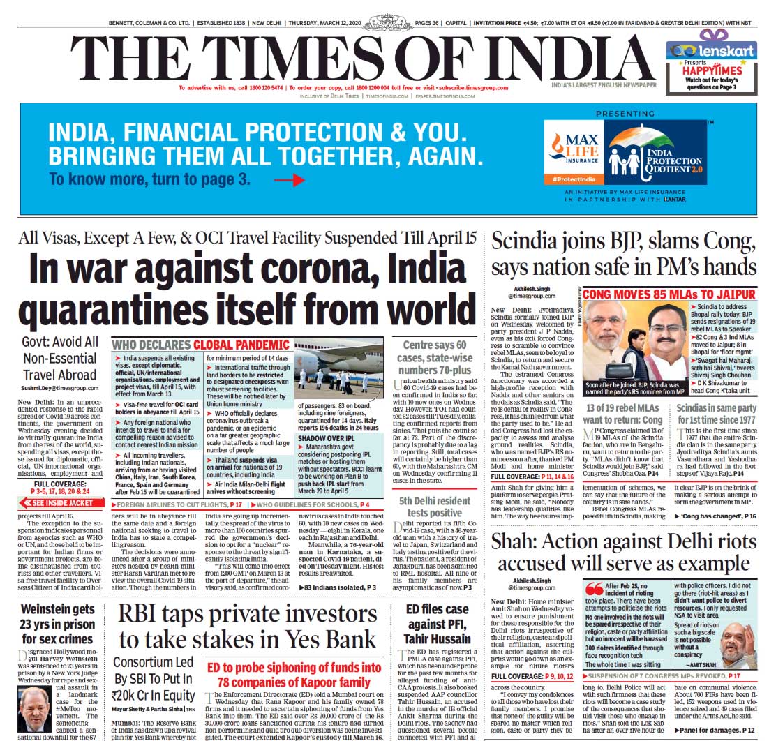 Newspaper Headlines India Suspends Visas Till April 15 Amid Coronavirus Scare Other Top Stories