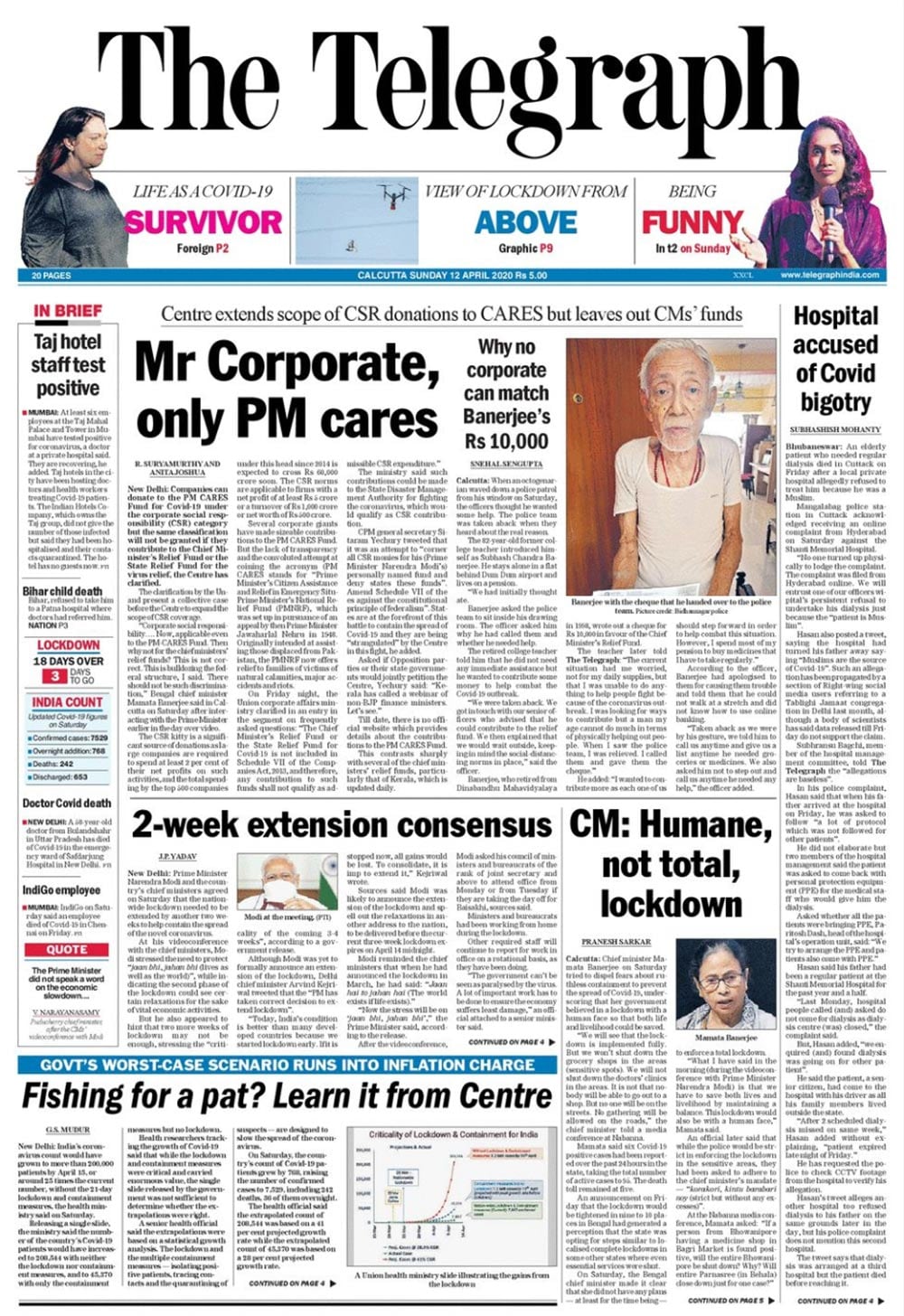 <b>The Telegraph</b> is leading with centre saying companies an donate to the PM CARES Fund for Covid-19 under the corporate social responsibility (CSR) category but the same classification will not be granted if they contribute to the Chief Minister's Relief Fund or the State Relief Fund for the virus relief. The 82-year-old, who retired from West Bengal's Dinabandhu Mahavidyalaya in 1998, wrote out a cheque in favour of the Chief Minister's Relief Fund.