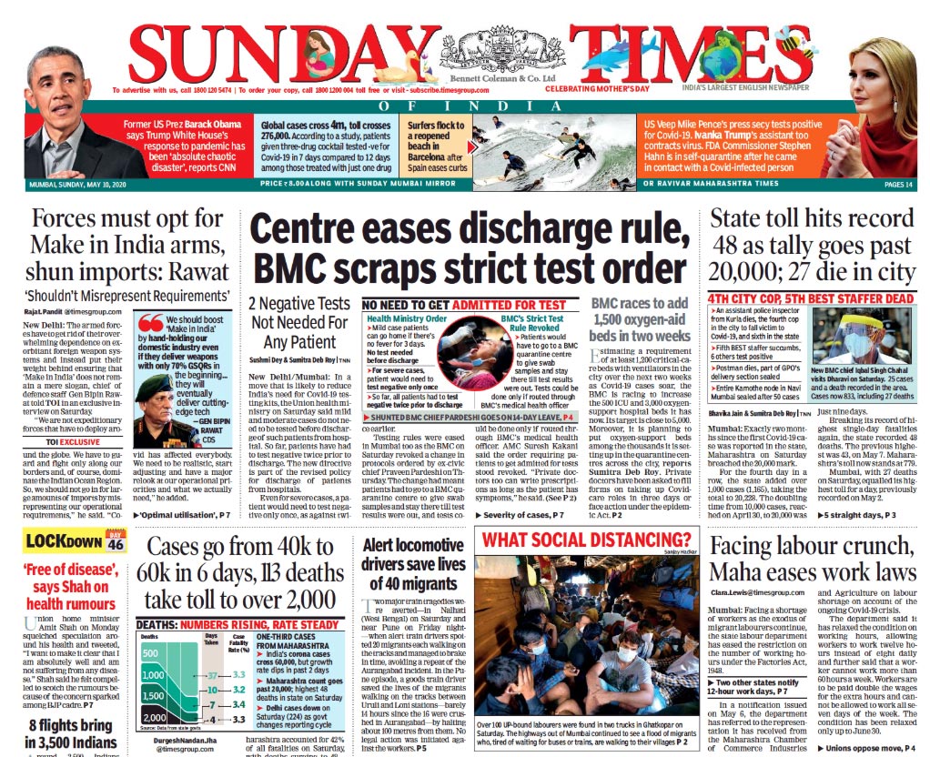 <B>The Times Of India</B> is leading with their exclusive interview with chief of defence staff General Bipin Rawat saying armed forces to get rid of their overwhelming dependence on exorbitant foreign weapon systems, and instead put their entire weight behind ensuring that 'Make in India' does not remain a mere slogan. The health ministry says that mild and moderate cases do not need to be tested prior to the discharge of patients from hospital.