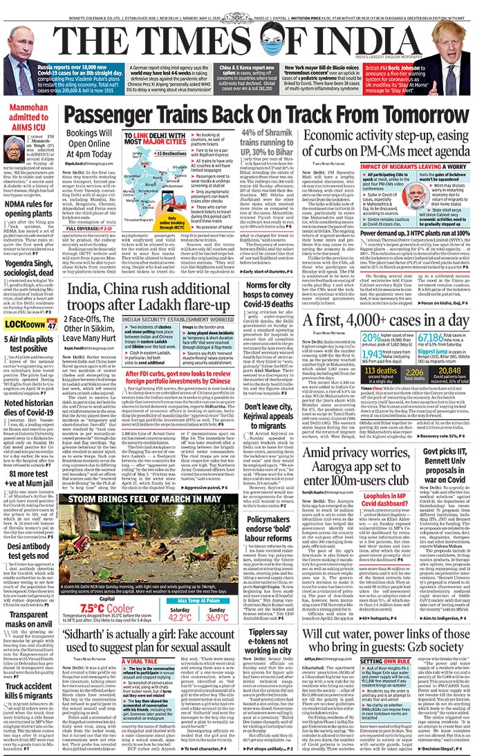 Newspaper Headlines: Passenger Trains To Resume From Tomorrow, Biggest Jump In Coronavirus Cases In India And Other Top Stories