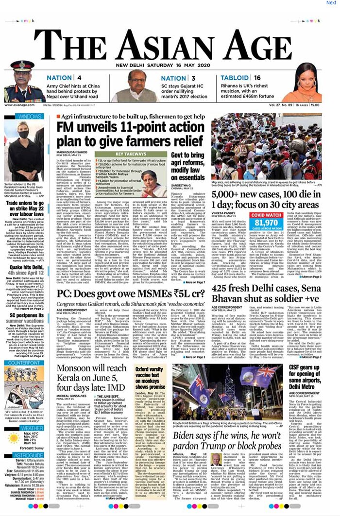 Newspaper Headlines: Finance Minister Announces Economic Package For Agriculture Sector And Other Top Stories