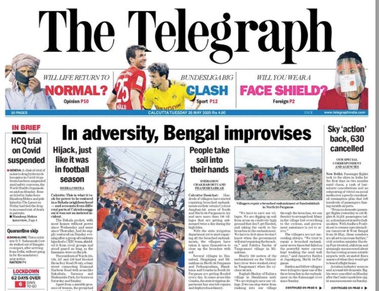 <B>The Telegraph</B> In Kolkata's Behala pocket, most homes are without power since Wednesday and some since Thursday, had its supply restored on Sunday evening after a group of residents hijacked a CESC team, shielded it from rival groups and stood guard as long as the linesmen were on the job. Hundreds of villagers have started repairing breached embankments on their own in Cyclone Amphan-hit areas of South and North 24-Parganas to try and save more than 100 villages that are getting submerged twice a day during the high tides.